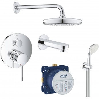 Набор для ванны: смеситель для ванны GROHE ESSENCE, верхний душ, ручной душ, круглая розетка, излив, хром (119699)