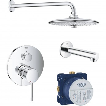 Набор для ванны: смеситель GROHE ESSENCE, верхний душ, ручной душ, круглая розетка, излив, хром