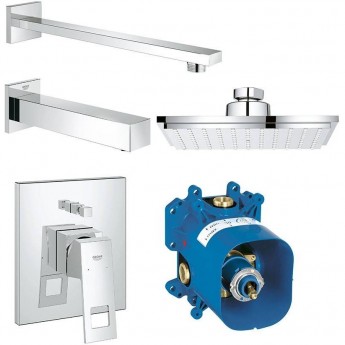 Набор для ванны: смеситель GROHE Eurocube, верхний душ, ручной душ, квадратная розетка, излив, хром